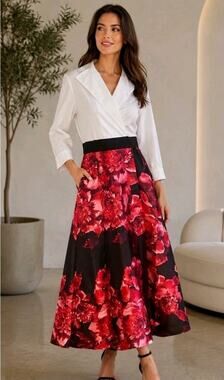 NEW! Alexa B White Black Red Floral Print Maxi Dress Wedding Formal Size 14